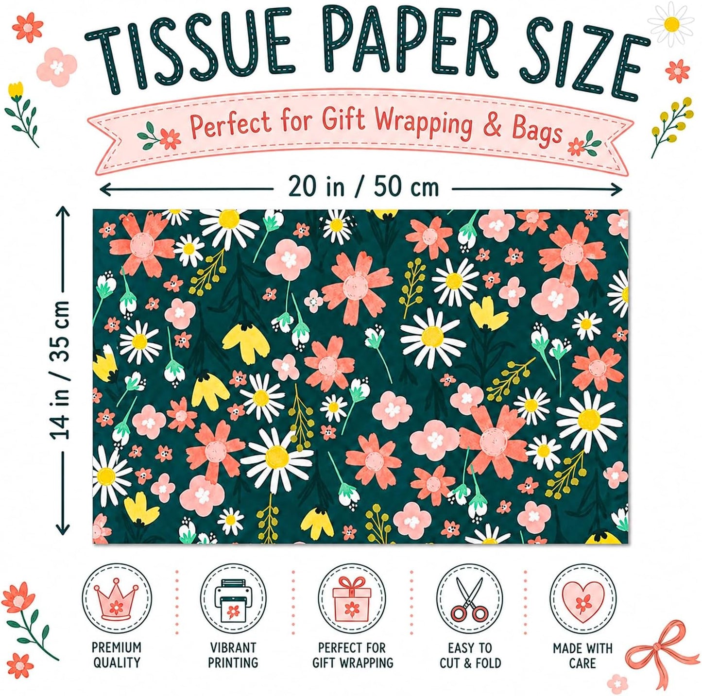 Floral Tissue Paper, Dark Green Tissue Paper with Daisy Pattern for Gift Bags, Cute Flower Patterned Gift Wrapping for Birthday, Garden Party Decor, DIY Crafts, 30 Sheets, 20x14in