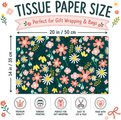 Floral Tissue Paper, Dark Green Tissue Paper with Daisy Pattern for Gift Bags, Cute Flower Patterned Gift Wrapping for Birthday, Garden Party Decor, DIY Crafts, 30 Sheets, 20x14in