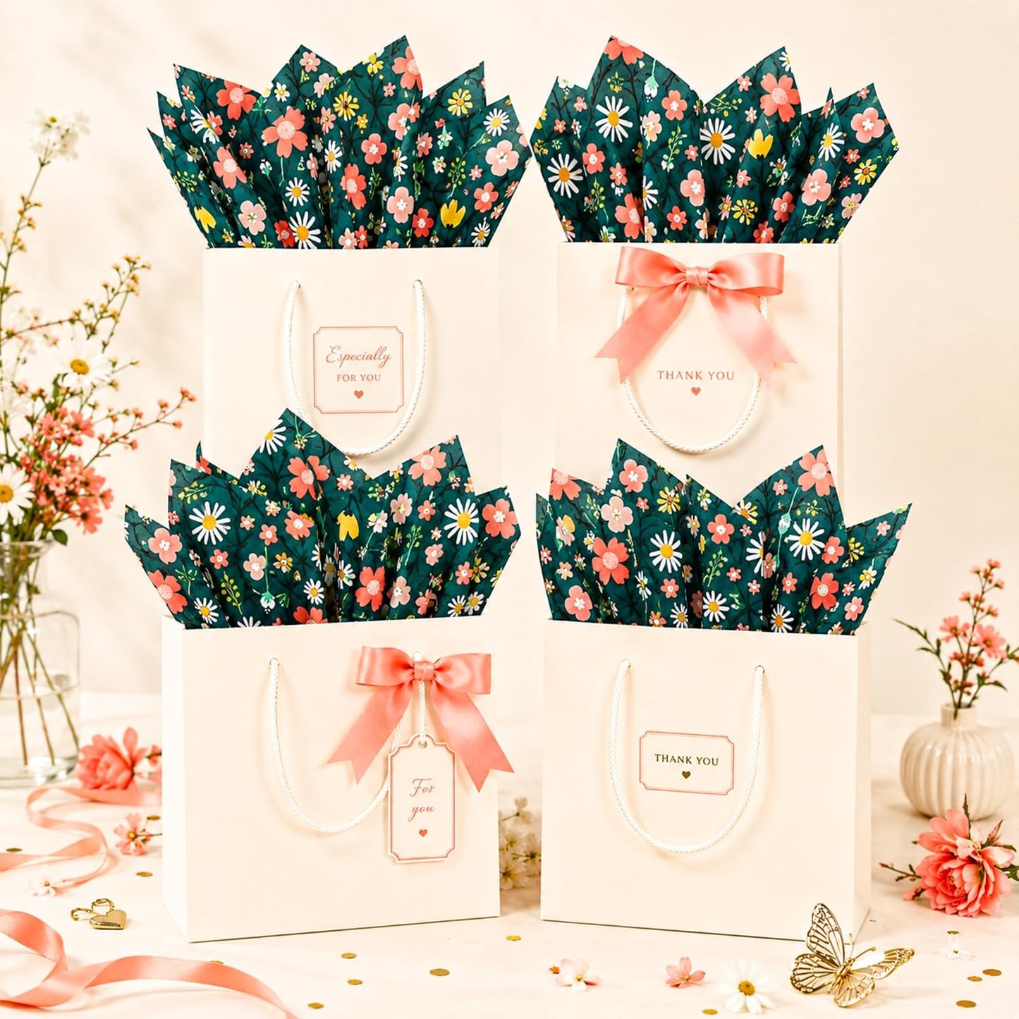 Floral Tissue Paper, Dark Green Tissue Paper with Daisy Pattern for Gift Bags, Cute Flower Patterned Gift Wrapping for Birthday, Garden Party Decor, DIY Crafts, 30 Sheets, 20x14in