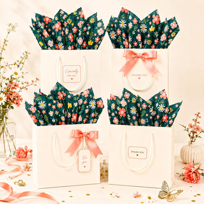 Floral Tissue Paper, Dark Green Tissue Paper with Daisy Pattern for Gift Bags, Cute Flower Patterned Gift Wrapping for Birthday, Garden Party Decor, DIY Crafts, 30 Sheets, 20x14in
