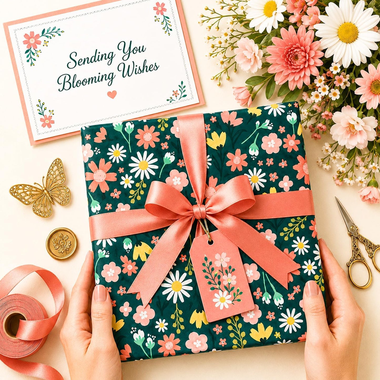 Floral Tissue Paper, Dark Green Tissue Paper with Daisy Pattern for Gift Bags, Cute Flower Patterned Gift Wrapping for Birthday, Garden Party Decor, DIY Crafts, 30 Sheets, 20x14in