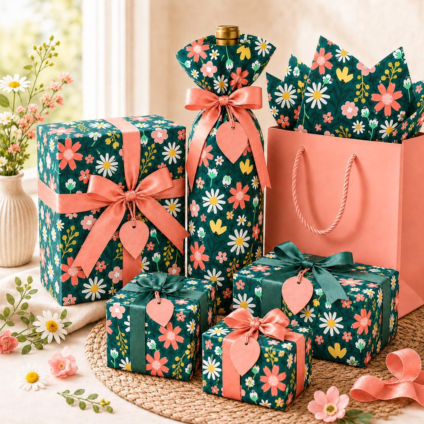 Floral Tissue Paper, Dark Green Tissue Paper with Daisy Pattern for Gift Bags, Cute Flower Patterned Gift Wrapping for Birthday, Garden Party Decor, DIY Crafts, 30 Sheets, 20x14in