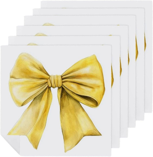 Watercolor Bow in The Butter Yellow Cloth Napkins Set of 6, Square Premium Reusable Washable Polyester Table Linen Napkin for Dinner Party