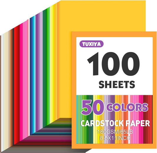 100 Sheets 8.5" X 11" Colored Cardstock, 50 Colors Card Stock | 50 Assorted Colors Construction Paper Printer Paper for Printing, Card Making, DIY Crafts, School Supplies,Party 180GSM/65LB