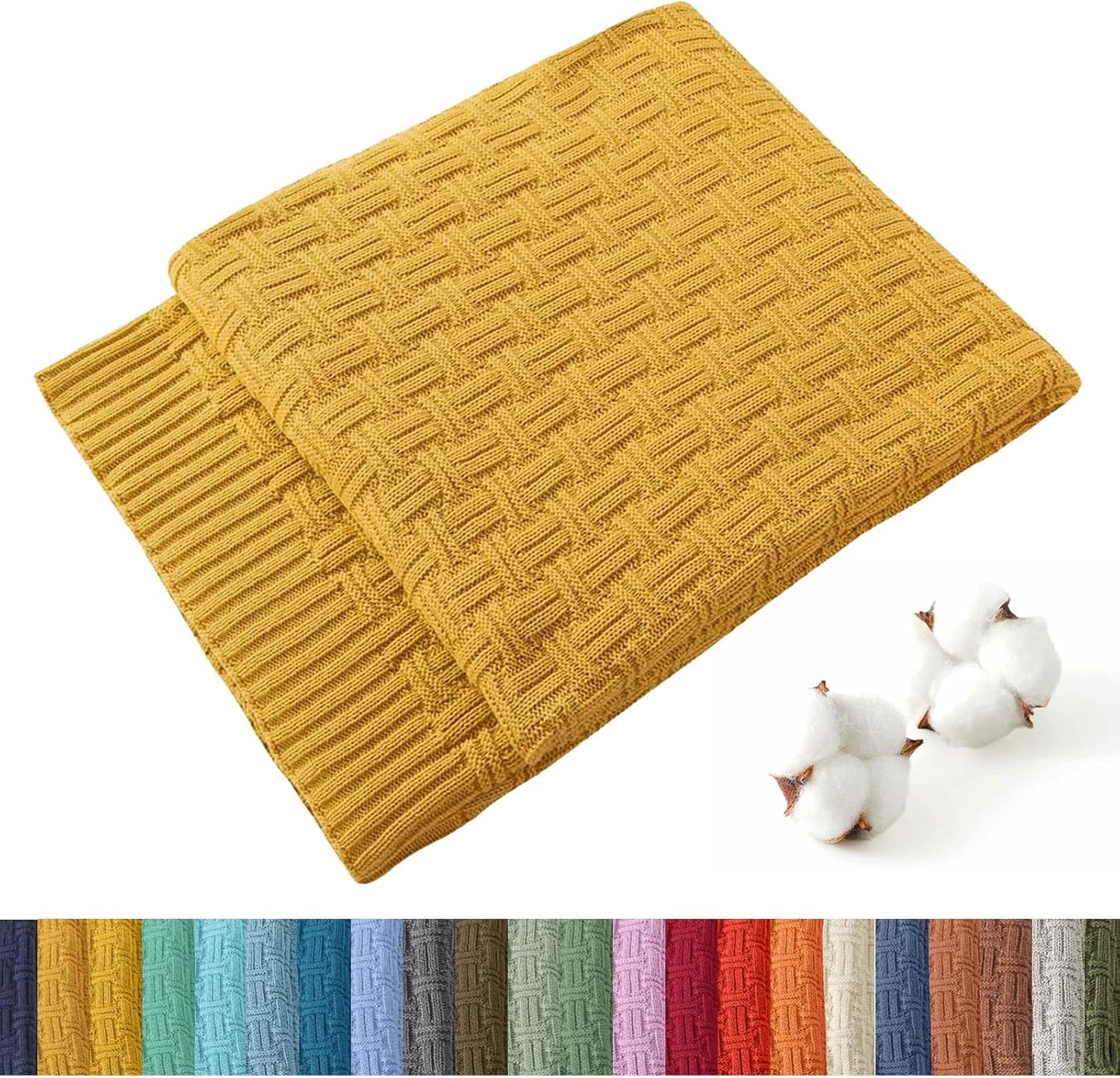 100% Cotton Knitted Throw Blanket Couch Cover Blanket(50 x 60 Inches, Mustard Yellow)