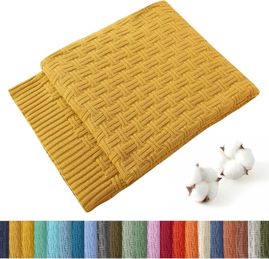 100% Cotton Knitted Throw Blanket Couch Cover Blanket(50 x 60 Inches, Mustard Yellow)