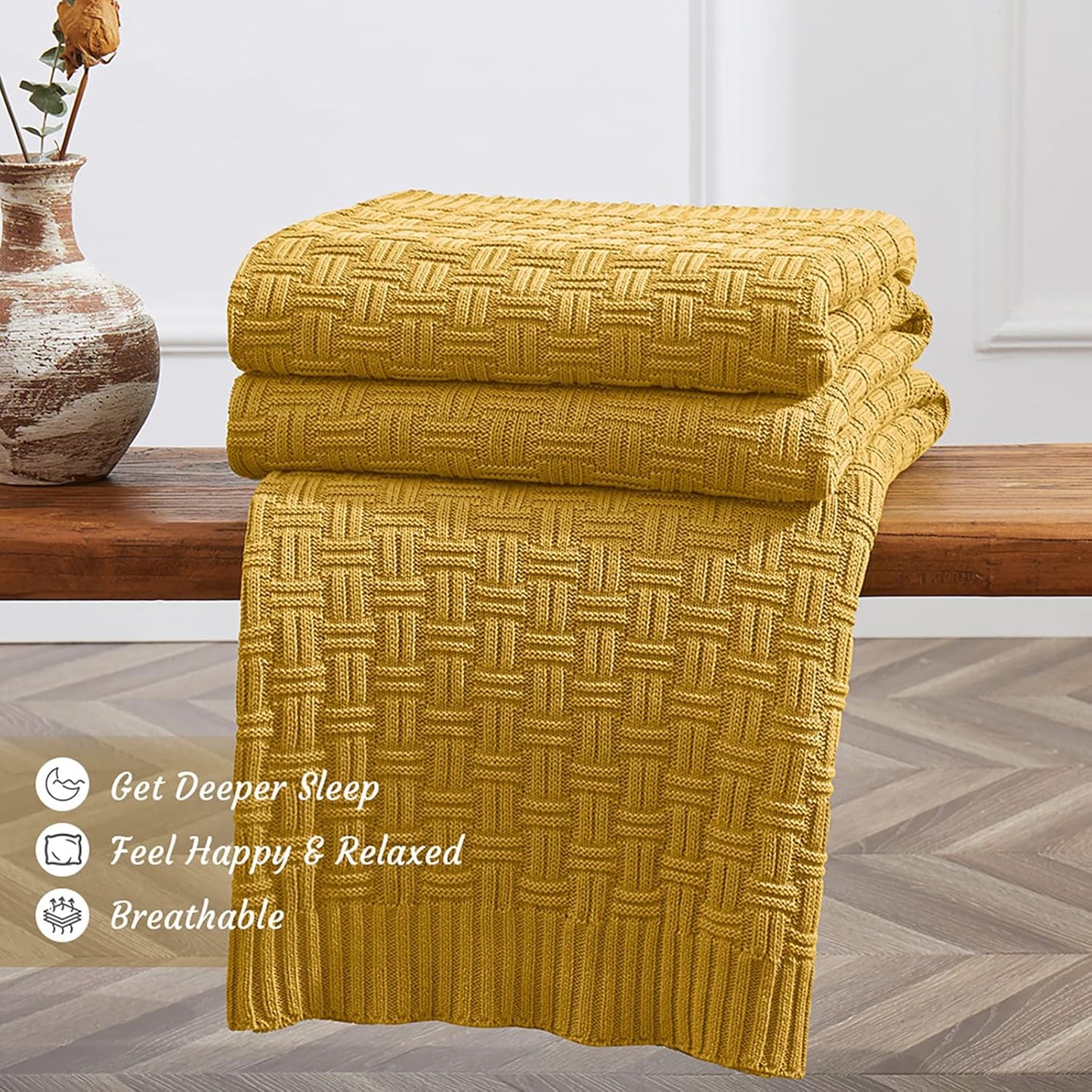 100% Cotton Knitted Throw Blanket Couch Cover Blanket(50 x 60 Inches, Mustard Yellow)