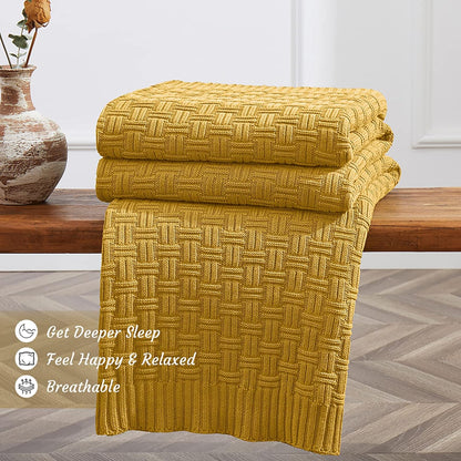 100% Cotton Knitted Throw Blanket Couch Cover Blanket(50 x 60 Inches, Mustard Yellow)