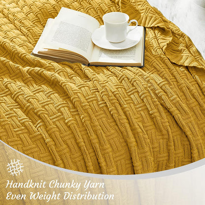 100% Cotton Knitted Throw Blanket Couch Cover Blanket(50 x 60 Inches, Mustard Yellow)