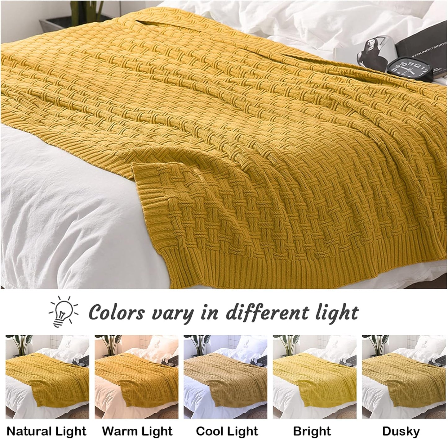 100% Cotton Knitted Throw Blanket Couch Cover Blanket(50 x 60 Inches, Mustard Yellow)