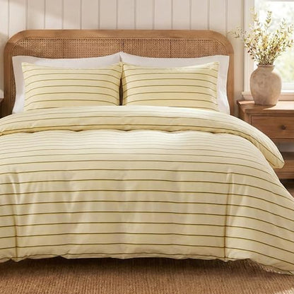 Cotton Striped Duvet Cover Set King Size,Butter Yellow Fine Stripe Bedding,Soft Airy Lightweight Double Gauze Bedding Set Farmhouse Quilt Cover Set with Double Hidden Zipper & 8 Corner Ties