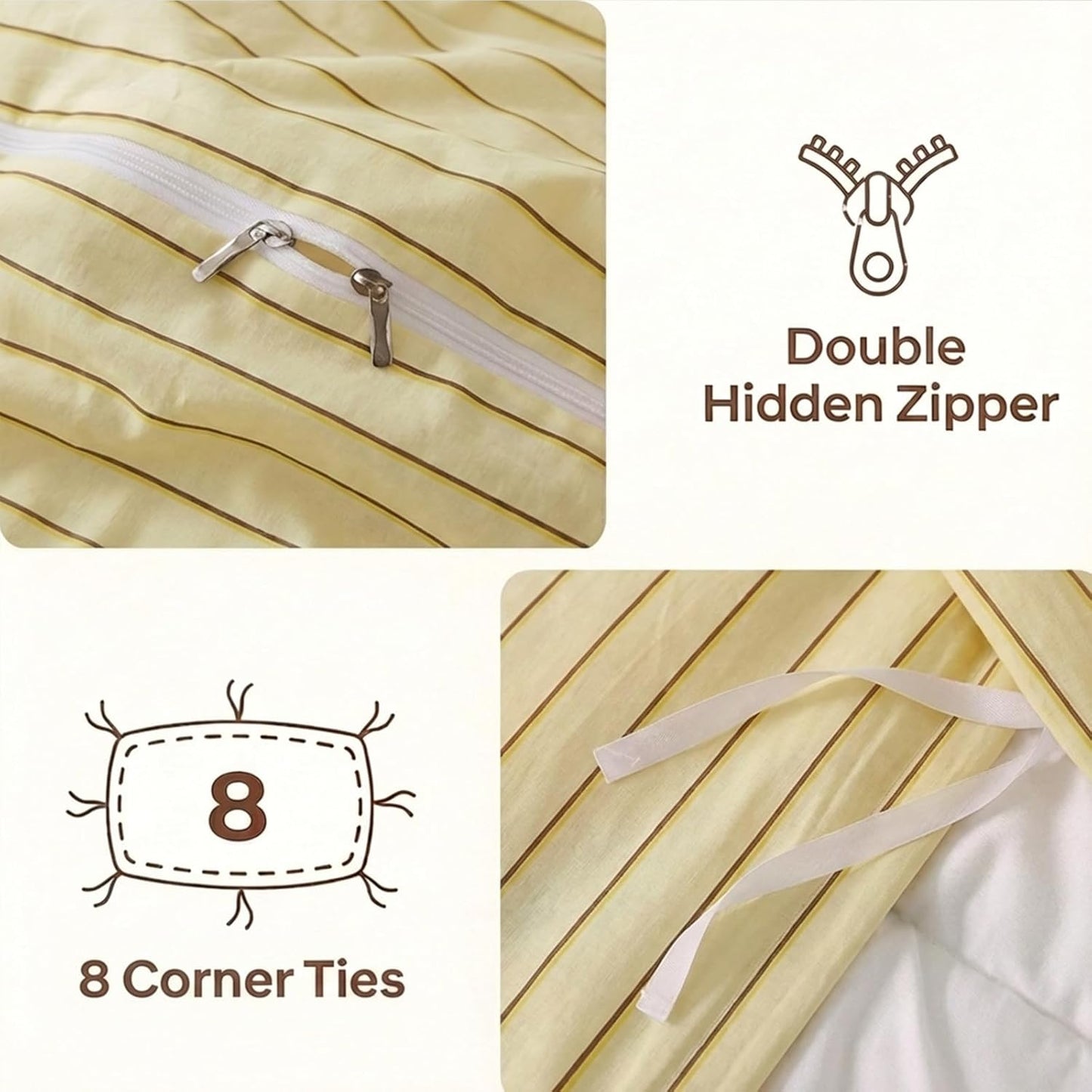 Cotton Striped Duvet Cover Set King Size,Butter Yellow Fine Stripe Bedding,Soft Airy Lightweight Double Gauze Bedding Set Farmhouse Quilt Cover Set with Double Hidden Zipper & 8 Corner Ties