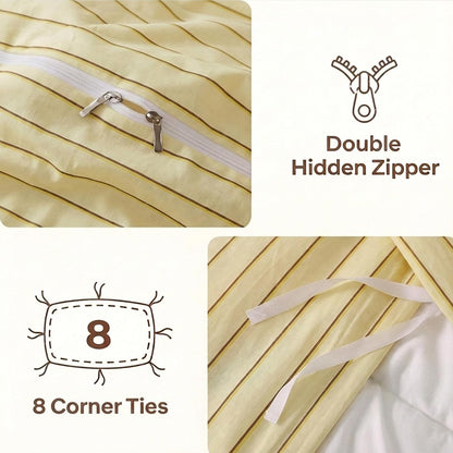 Cotton Striped Duvet Cover Set King Size,Butter Yellow Fine Stripe Bedding,Soft Airy Lightweight Double Gauze Bedding Set Farmhouse Quilt Cover Set with Double Hidden Zipper & 8 Corner Ties