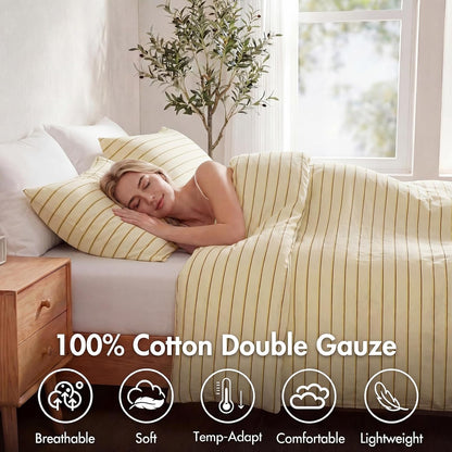 Cotton Striped Duvet Cover Set King Size,Butter Yellow Fine Stripe Bedding,Soft Airy Lightweight Double Gauze Bedding Set Farmhouse Quilt Cover Set with Double Hidden Zipper & 8 Corner Ties