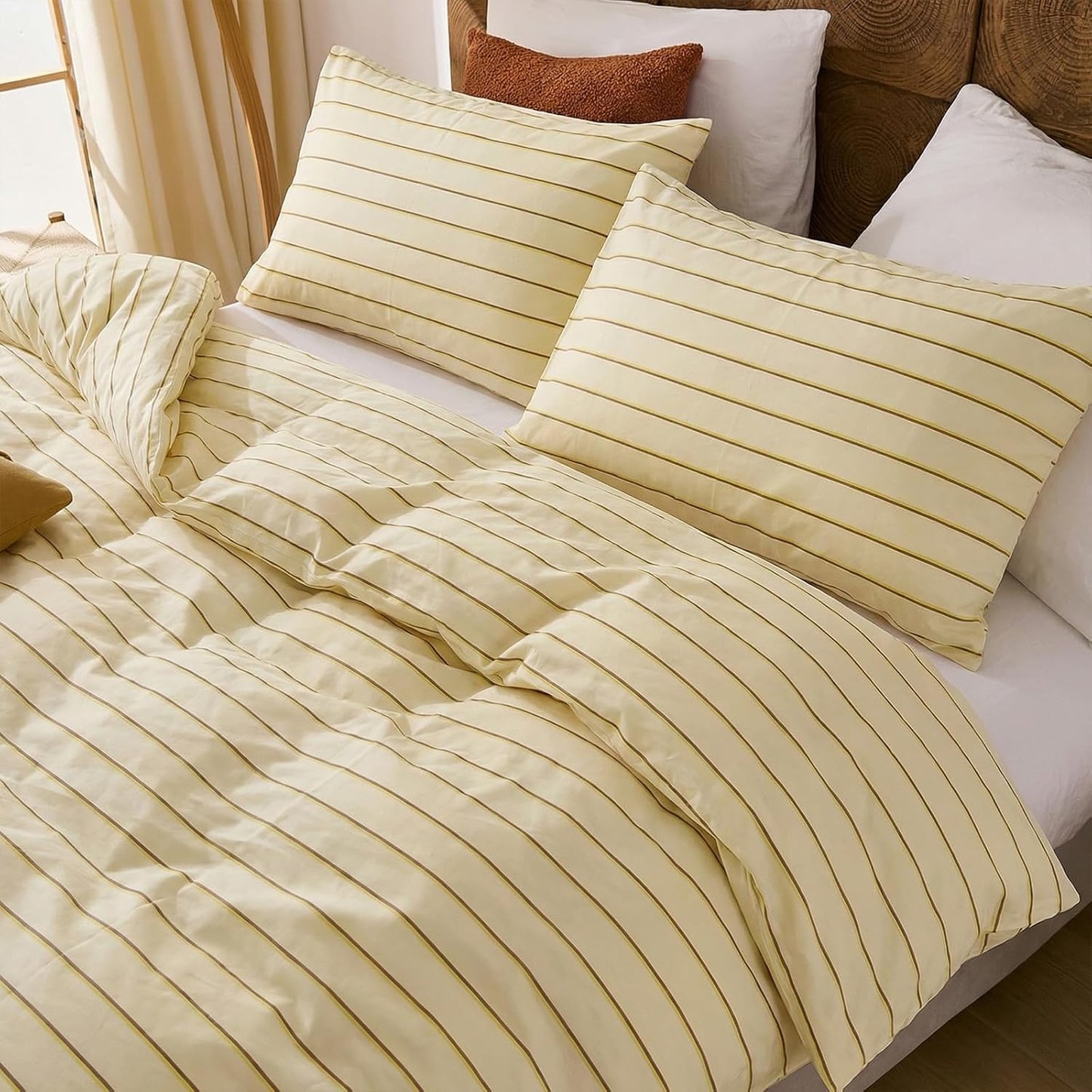Cotton Striped Duvet Cover Set King Size,Butter Yellow Fine Stripe Bedding,Soft Airy Lightweight Double Gauze Bedding Set Farmhouse Quilt Cover Set with Double Hidden Zipper & 8 Corner Ties