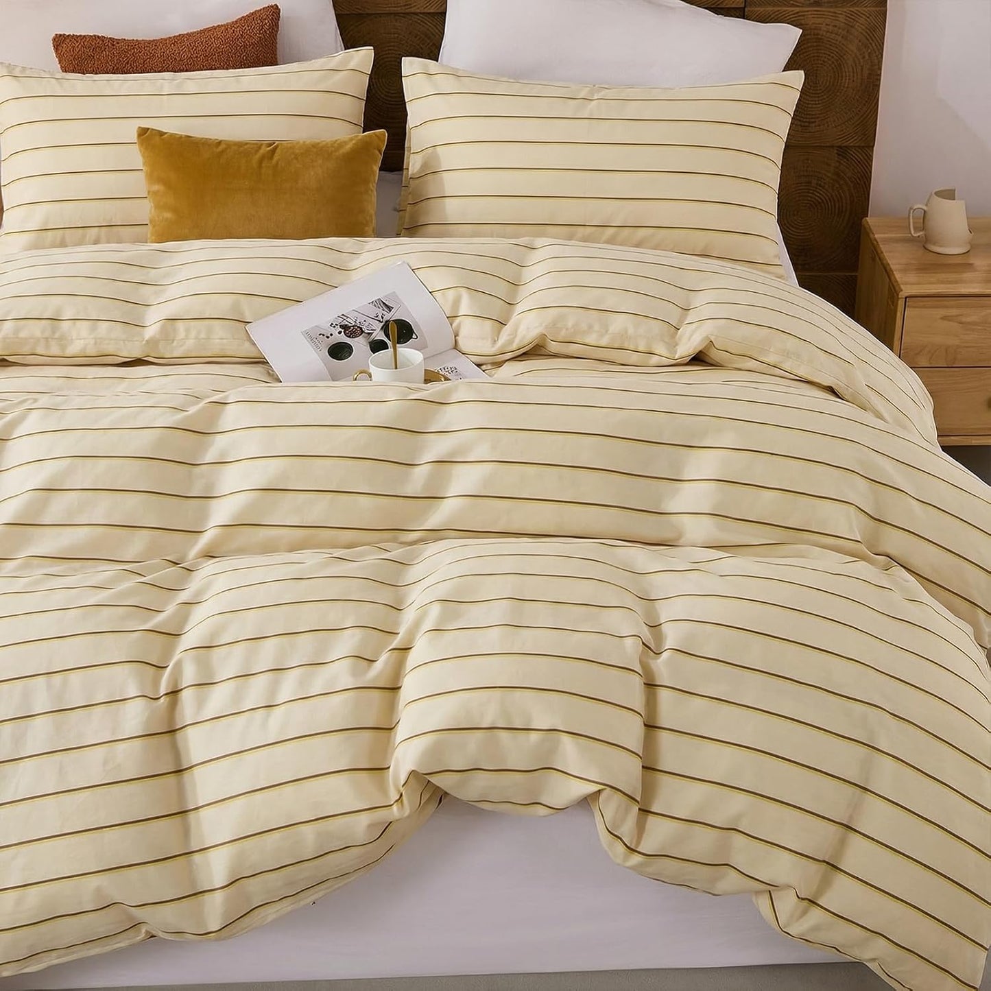 Cotton Striped Duvet Cover Set King Size,Butter Yellow Fine Stripe Bedding,Soft Airy Lightweight Double Gauze Bedding Set Farmhouse Quilt Cover Set with Double Hidden Zipper & 8 Corner Ties