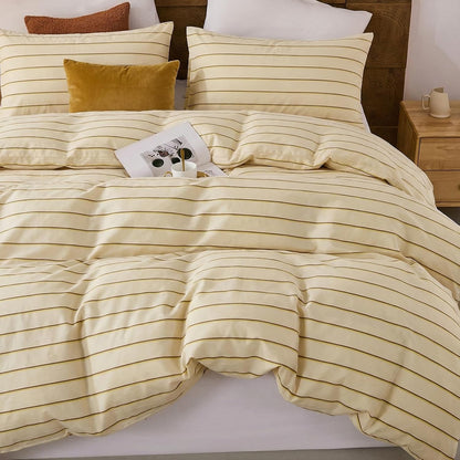 Cotton Striped Duvet Cover Set King Size,Butter Yellow Fine Stripe Bedding,Soft Airy Lightweight Double Gauze Bedding Set Farmhouse Quilt Cover Set with Double Hidden Zipper & 8 Corner Ties