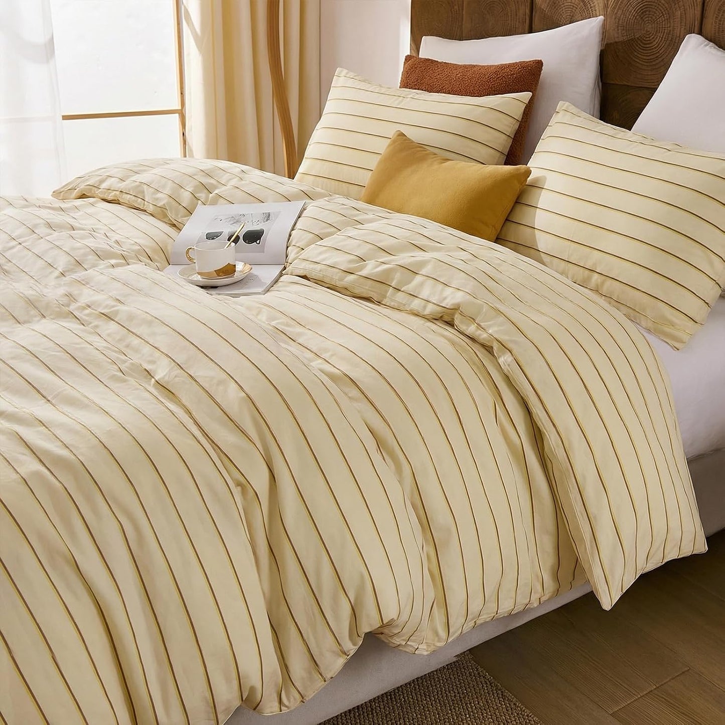 Cotton Striped Duvet Cover Set King Size,Butter Yellow Fine Stripe Bedding,Soft Airy Lightweight Double Gauze Bedding Set Farmhouse Quilt Cover Set with Double Hidden Zipper & 8 Corner Ties