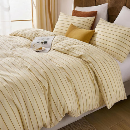 Cotton Striped Duvet Cover Set King Size,Butter Yellow Fine Stripe Bedding,Soft Airy Lightweight Double Gauze Bedding Set Farmhouse Quilt Cover Set with Double Hidden Zipper & 8 Corner Ties
