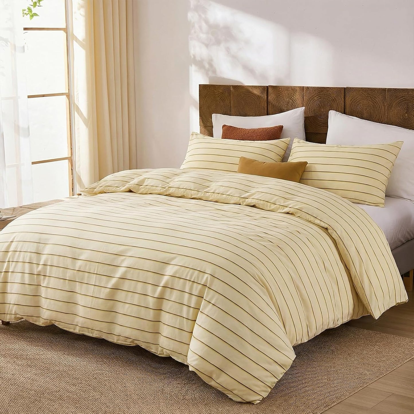 Cotton Striped Duvet Cover Set King Size,Butter Yellow Fine Stripe Bedding,Soft Airy Lightweight Double Gauze Bedding Set Farmhouse Quilt Cover Set with Double Hidden Zipper & 8 Corner Ties