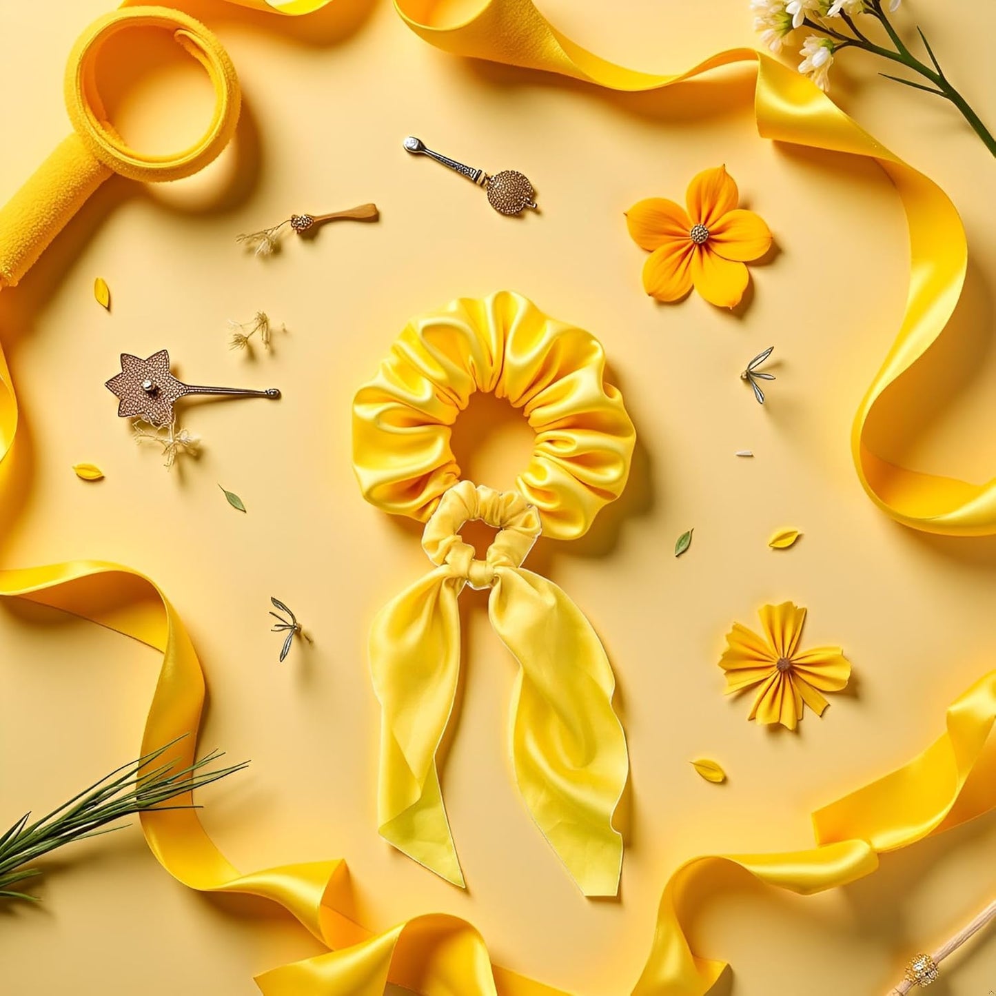 1Pc Yellow Women Girl Bow Satin Ribbon Ponytail Scarf Hair Tie Rope Scrunchies Elastic Band Hair Scrunchies Bands Elastics and Ties Clips and Barrettes