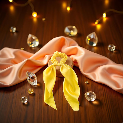 1Pc Yellow Women Girl Bow Satin Ribbon Ponytail Scarf Hair Tie Rope Scrunchies Elastic Band Hair Scrunchies Bands Elastics and Ties Clips and Barrettes