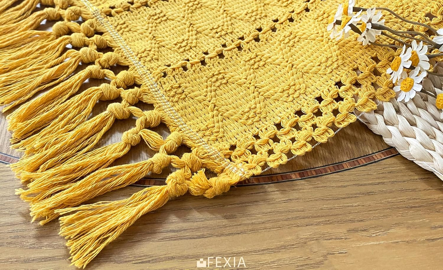 Yellow Table Runner with Tassels 90 Inches Long for Summer Home Decor Macrame Table Runner for Modern Room Decor Farmhouse Rustic for Dining Bedroom Bridal Shower (12x90 Inches)