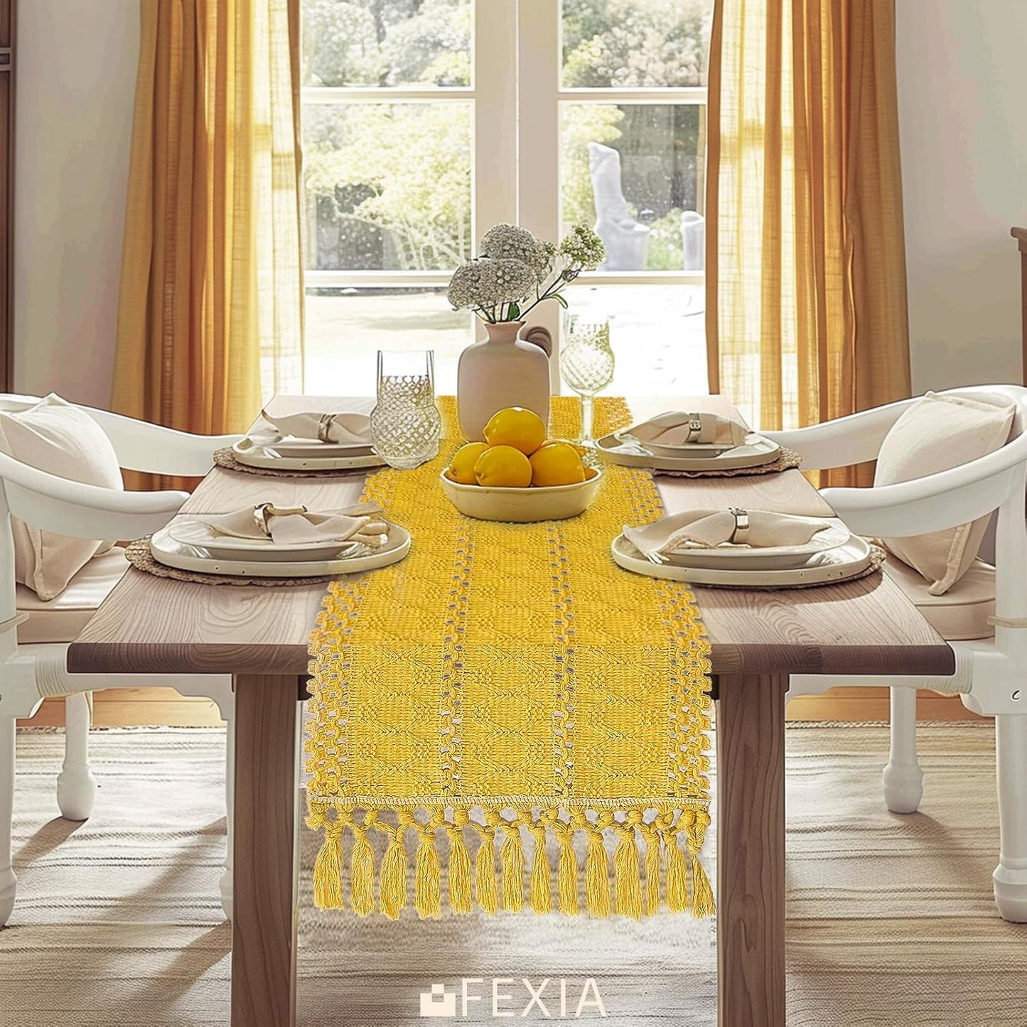 Yellow Table Runner with Tassels 90 Inches Long for Summer Home Decor Macrame Table Runner for Modern Room Decor Farmhouse Rustic for Dining Bedroom Bridal Shower (12x90 Inches)