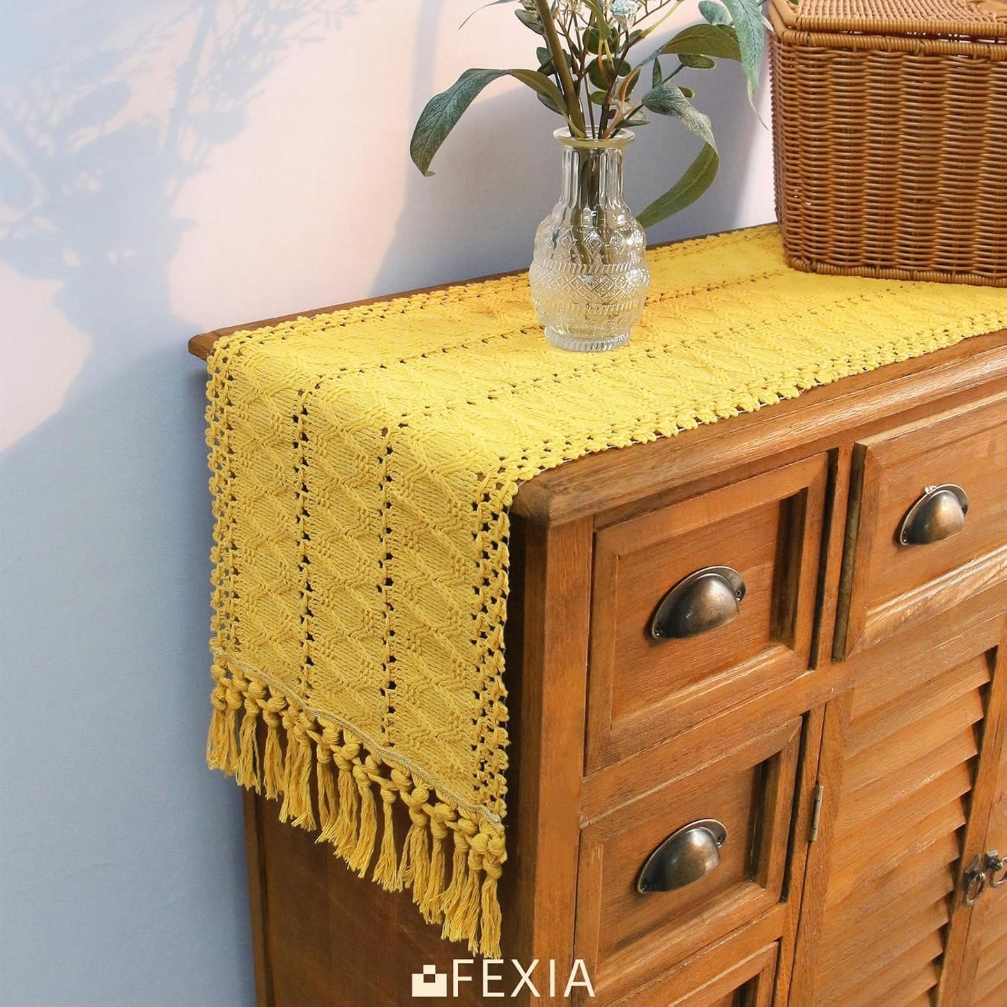 Yellow Table Runner with Tassels 90 Inches Long for Summer Home Decor Macrame Table Runner for Modern Room Decor Farmhouse Rustic for Dining Bedroom Bridal Shower (12x90 Inches)
