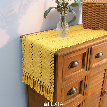 Yellow Table Runner with Tassels 90 Inches Long for Summer Home Decor Macrame Table Runner for Modern Room Decor Farmhouse Rustic for Dining Bedroom Bridal Shower (12x90 Inches)