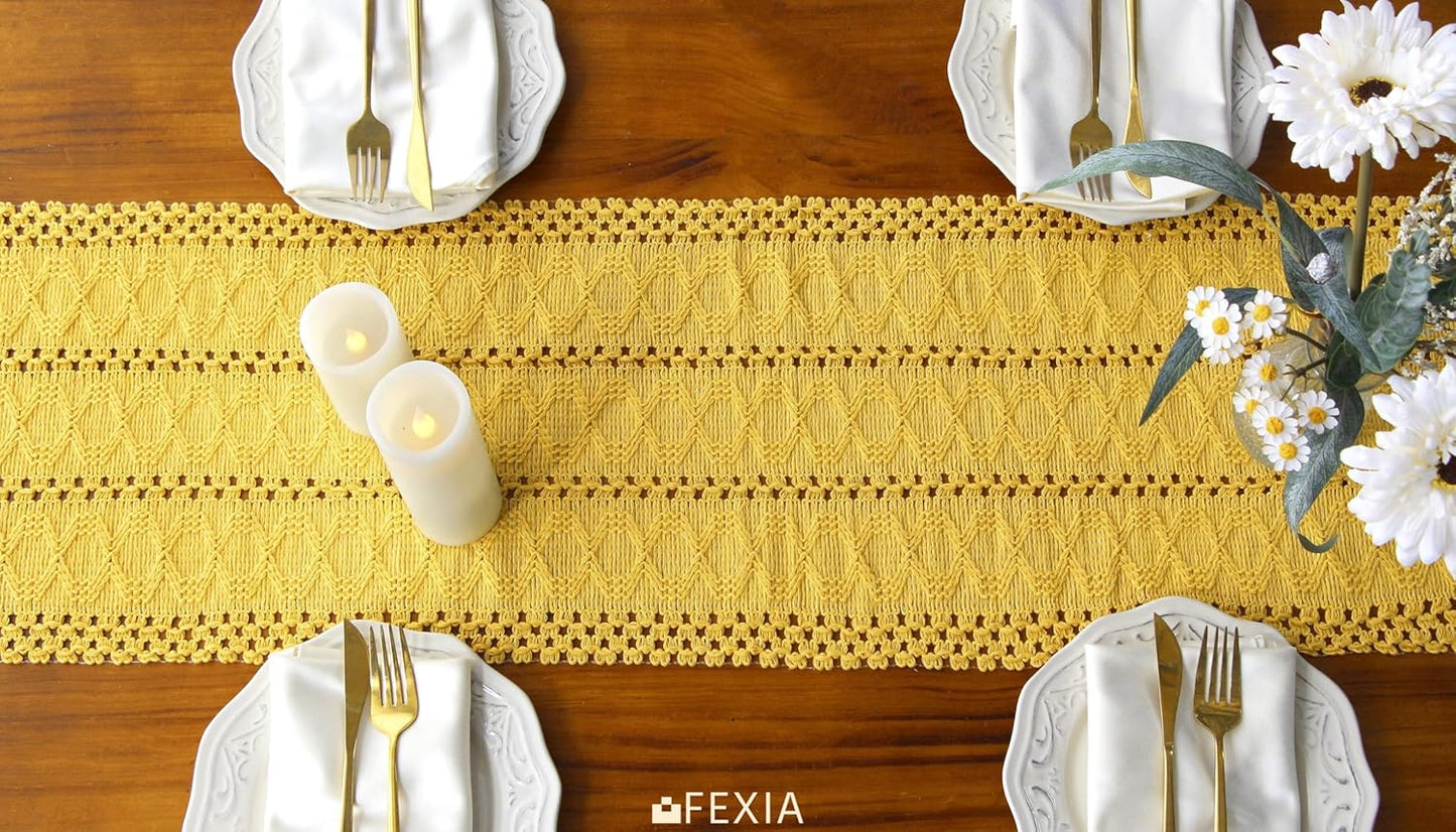 Yellow Table Runner with Tassels 90 Inches Long for Summer Home Decor Macrame Table Runner for Modern Room Decor Farmhouse Rustic for Dining Bedroom Bridal Shower (12x90 Inches)