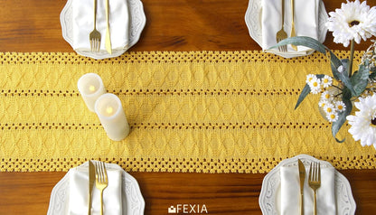 Yellow Table Runner with Tassels 90 Inches Long for Summer Home Decor Macrame Table Runner for Modern Room Decor Farmhouse Rustic for Dining Bedroom Bridal Shower (12x90 Inches)