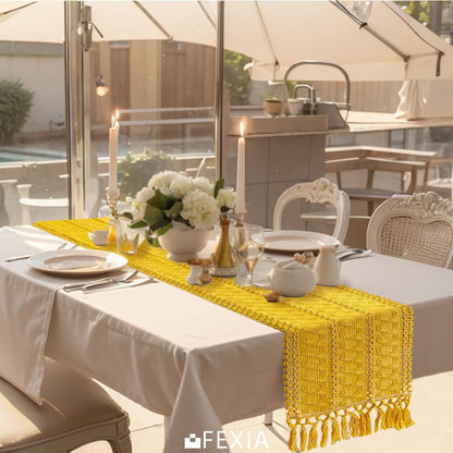 Yellow Table Runner with Tassels 90 Inches Long for Summer Home Decor Macrame Table Runner for Modern Room Decor Farmhouse Rustic for Dining Bedroom Bridal Shower (12x90 Inches)