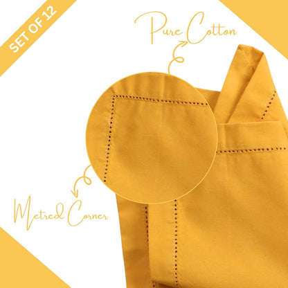 Decorative Cloth Dinner Napkins with Hemstitched, Wedding, Cocktail & Party Napkins, Mitered Corners, Machine Washable, 12 Elegant Table Napkins for Special Occasions - 18x18 Inch Mustard