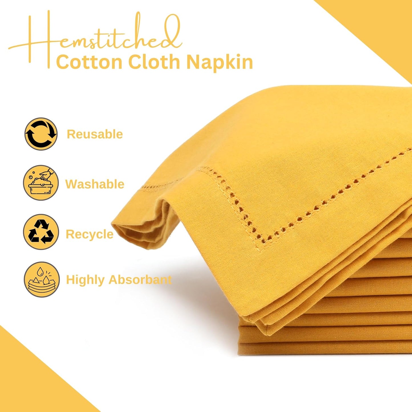 Decorative Cloth Dinner Napkins with Hemstitched, Wedding, Cocktail & Party Napkins, Mitered Corners, Machine Washable, 12 Elegant Table Napkins for Special Occasions - 18x18 Inch Mustard