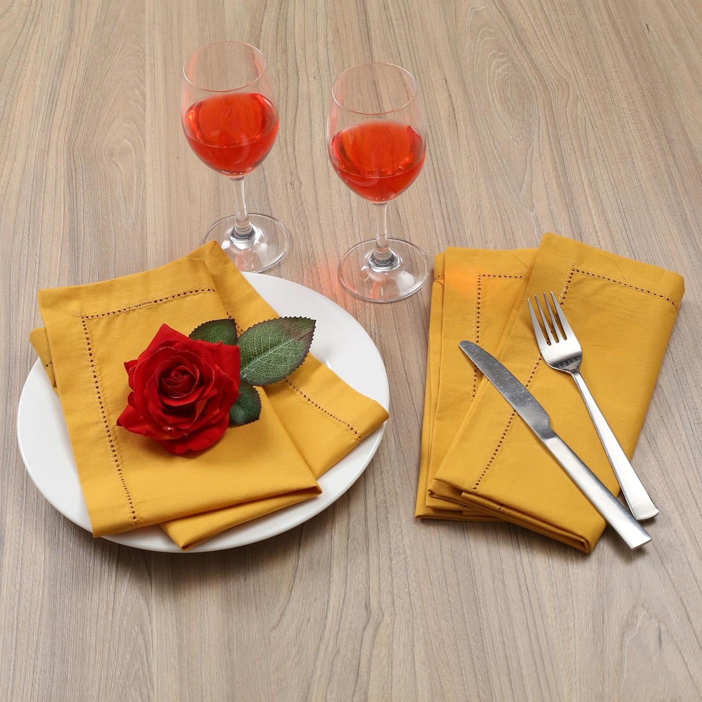Decorative Cloth Dinner Napkins with Hemstitched, Wedding, Cocktail & Party Napkins, Mitered Corners, Machine Washable, 12 Elegant Table Napkins for Special Occasions - 18x18 Inch Mustard