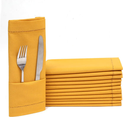 Decorative Cloth Dinner Napkins with Hemstitched, Wedding, Cocktail & Party Napkins, Mitered Corners, Machine Washable, 12 Elegant Table Napkins for Special Occasions - 18x18 Inch Mustard