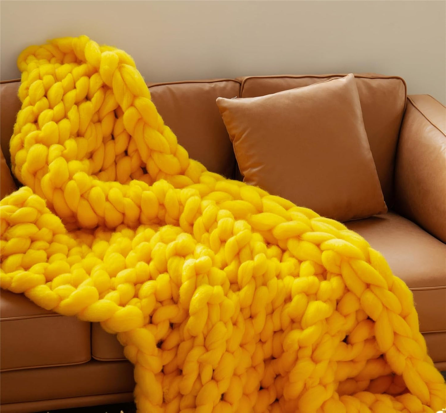Chunky Knit Blanket Giant Knit Throw Soft Bulky Bed Christmas Edition Hand Knitted with Cozy Thick Merino Wool Bed Throw Home Decor for Sofa Couch Bench Bed,Yellow,50x50cm/19x19in