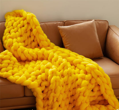 Chunky Knit Blanket Giant Knit Throw Soft Bulky Bed Christmas Edition Hand Knitted with Cozy Thick Merino Wool Bed Throw Home Decor for Sofa Couch Bench Bed,Yellow,50x50cm/19x19in