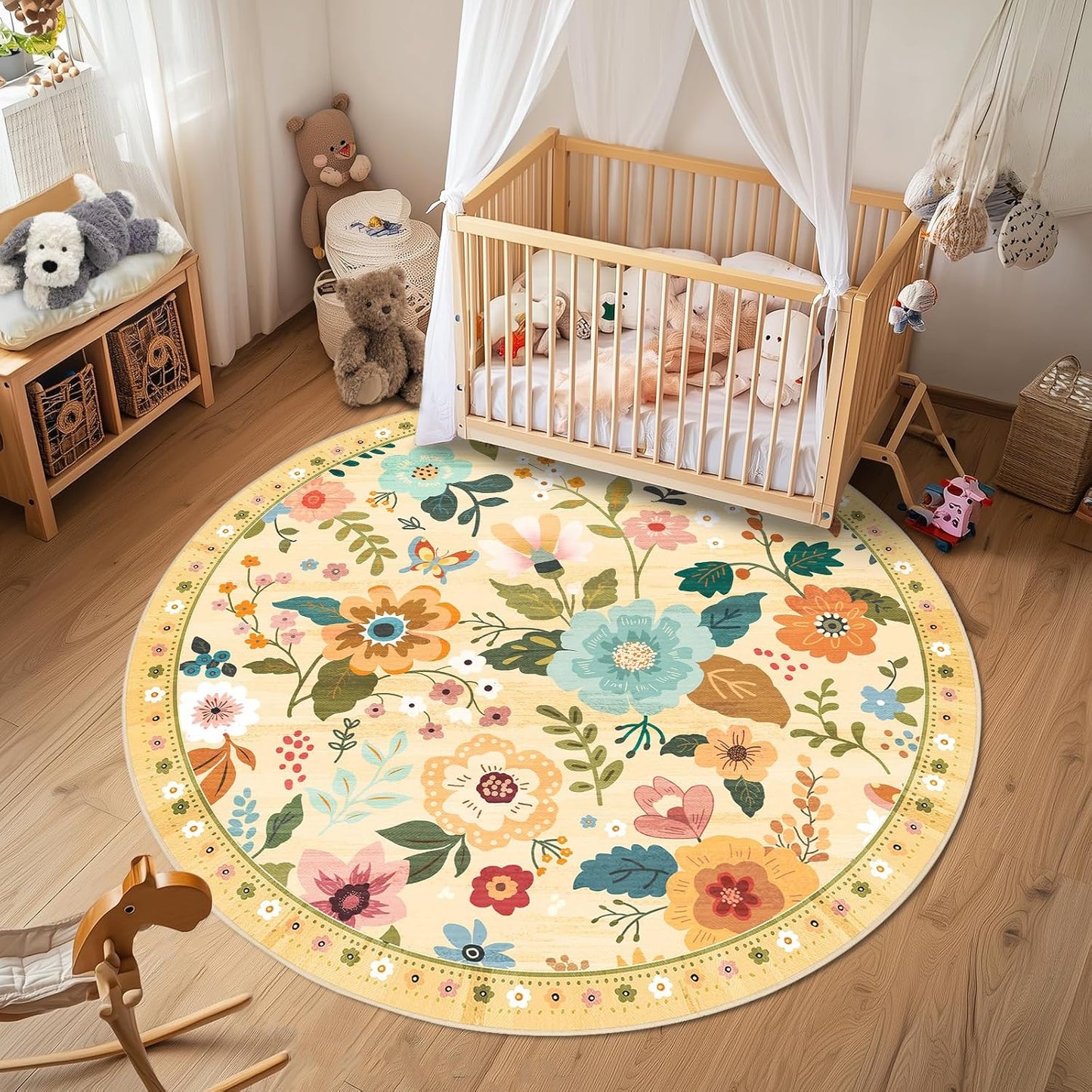 Floral 6ft Area Rugs Washable Print Boho Cute Carpet Non Slip Flower Low Pile for Living Room Bedroom Kitchen Office Farmhouse-Ivory/Yellow