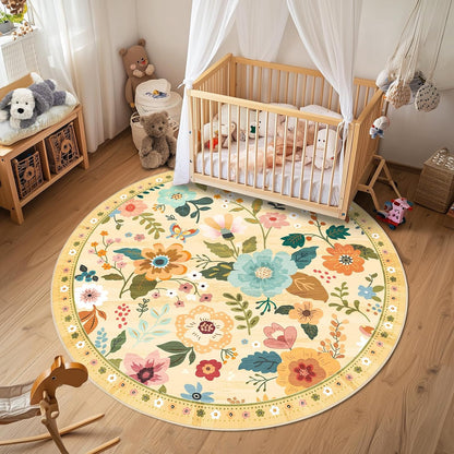 Floral 6ft Area Rugs Washable Print Boho Cute Carpet Non Slip Flower Low Pile for Living Room Bedroom Kitchen Office Farmhouse-Ivory/Yellow