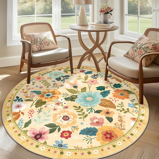 Floral 6ft Area Rugs Washable Print Boho Cute Carpet Non Slip Flower Low Pile for Living Room Bedroom Kitchen Office Farmhouse-Ivory/Yellow