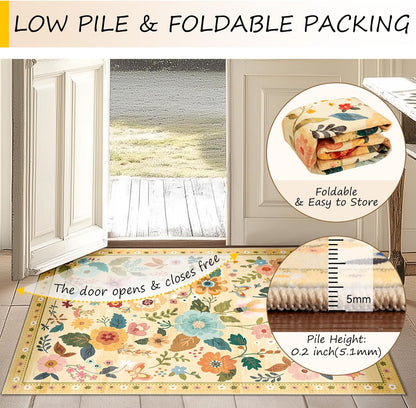 Floral 6ft Area Rugs Washable Print Boho Cute Carpet Non Slip Flower Low Pile for Living Room Bedroom Kitchen Office Farmhouse-Ivory/Yellow