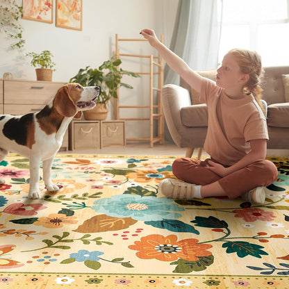 Floral 6ft Area Rugs Washable Print Boho Cute Carpet Non Slip Flower Low Pile for Living Room Bedroom Kitchen Office Farmhouse-Ivory/Yellow