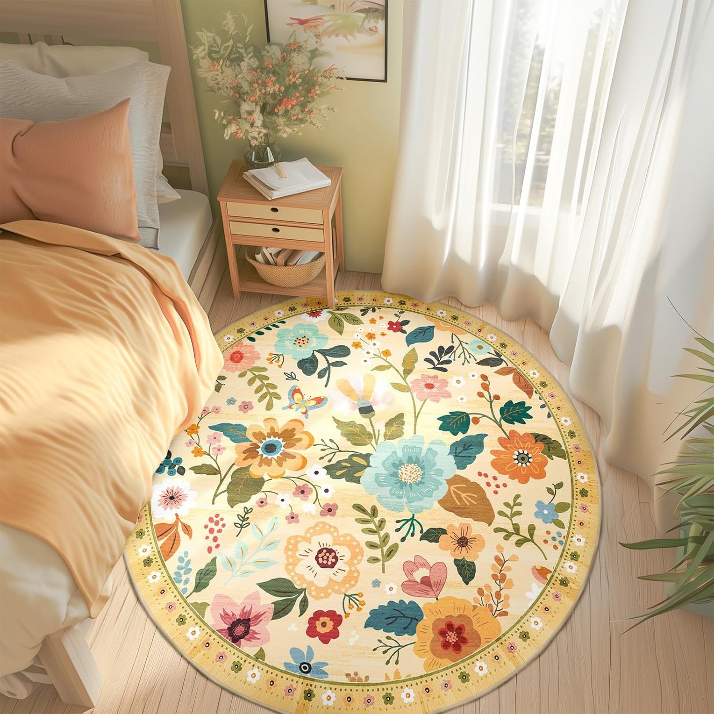 Floral 6ft Area Rugs Washable Print Boho Cute Carpet Non Slip Flower Low Pile for Living Room Bedroom Kitchen Office Farmhouse-Ivory/Yellow