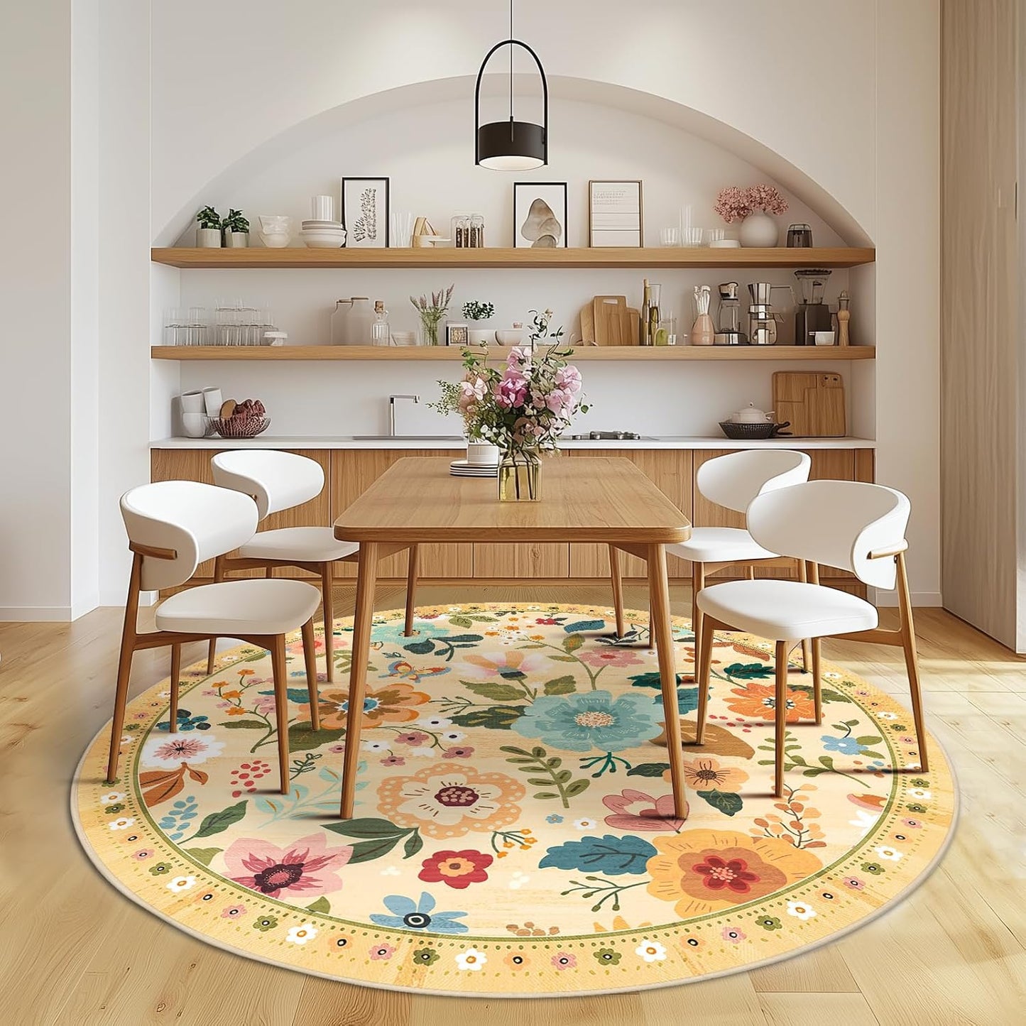 Floral 6ft Area Rugs Washable Print Boho Cute Carpet Non Slip Flower Low Pile for Living Room Bedroom Kitchen Office Farmhouse-Ivory/Yellow