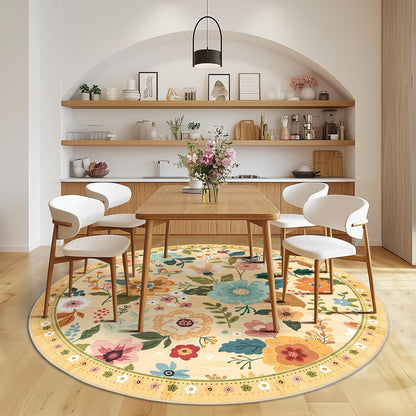 Floral 6ft Area Rugs Washable Print Boho Cute Carpet Non Slip Flower Low Pile for Living Room Bedroom Kitchen Office Farmhouse-Ivory/Yellow
