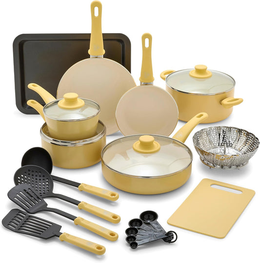 Soft Grip Healthy Ceramic Nonstick 18 Piece Kitchen Cookware Pots and Frying Sauce Saute Pans Set, PFAS-Free with Kitchen Utensils and Lid, Dishwasher Safe, Yellow