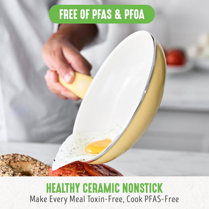 Soft Grip Healthy Ceramic Nonstick 18 Piece Kitchen Cookware Pots and Frying Sauce Saute Pans Set, PFAS-Free with Kitchen Utensils and Lid, Dishwasher Safe, Yellow