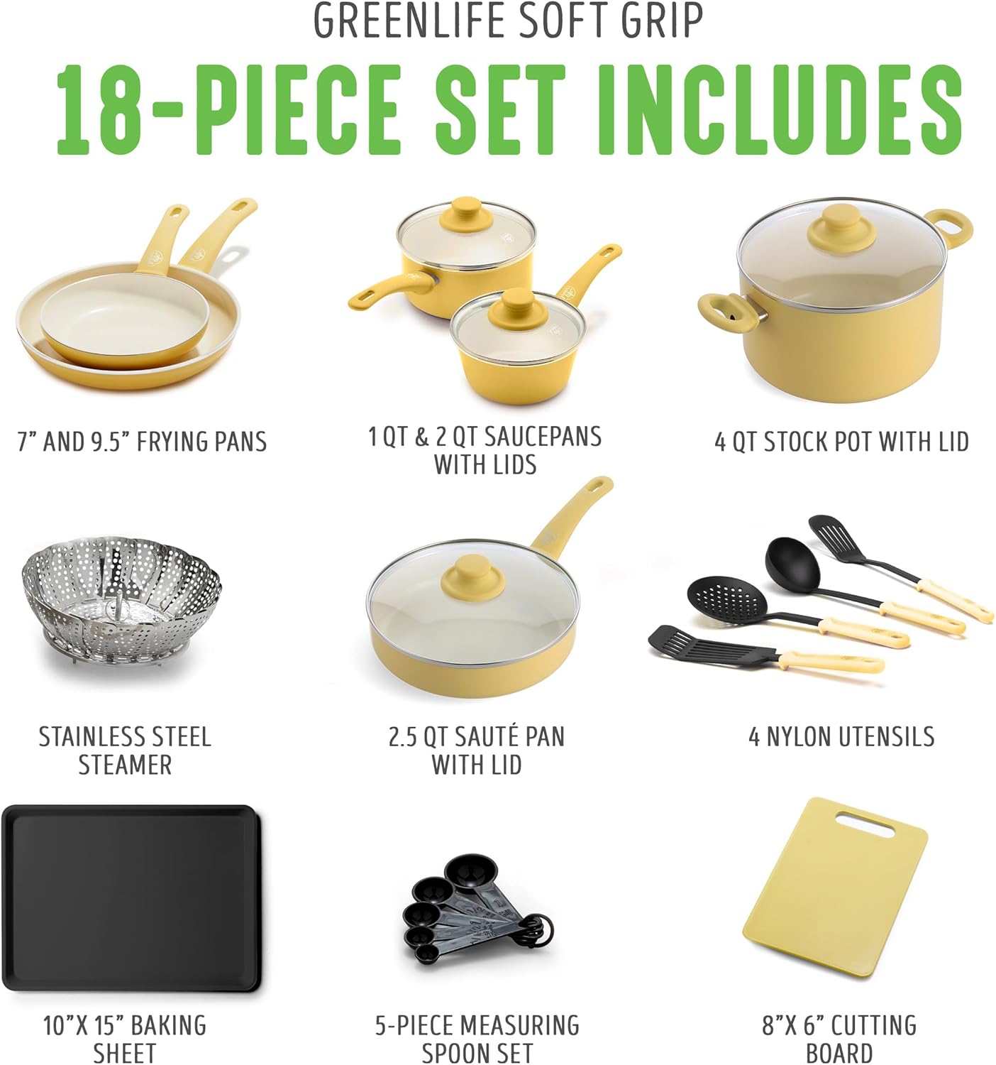 Soft Grip Healthy Ceramic Nonstick 18 Piece Kitchen Cookware Pots and Frying Sauce Saute Pans Set, PFAS-Free with Kitchen Utensils and Lid, Dishwasher Safe, Yellow
